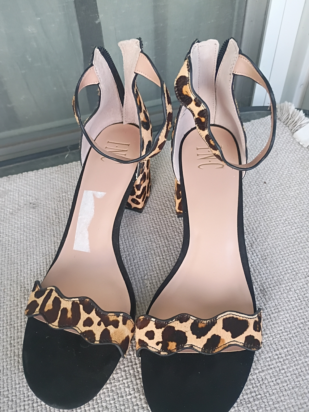 INC International Concepts Black Suede Sandals with Leopard Accent